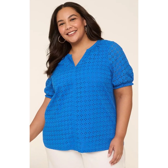 LANE BRYANT Eyelet & Knit Notch Neck Blouse WOMENS 14 / 16 SHORT SLEEVE Blue NWT - Picture 9 of 11